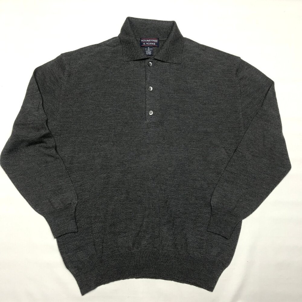 Roundtree & Yorke 100% Fine Merino Wool Gray Polo Long Sleeve Sweater Mens XL